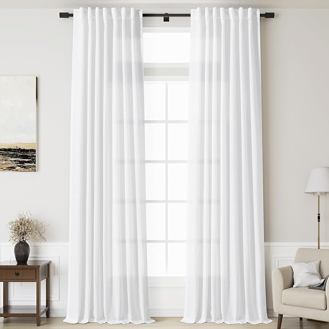 Nanspring White Linen Curtains for Living Room Extra Long Back Tab Curtains 125 Inches Long Farmhouse Light Filtering Semi Sheer Linen Drapes Ceiling to Floor for Large Window 2 Panels Set 52x125