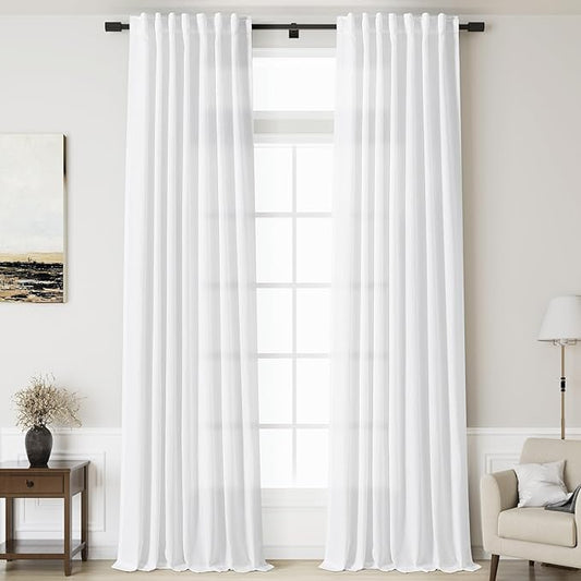 Nanspring White Linen Curtains 168 Inches Long Back Tab Extra Long Curtains for Living Room Farmhouse Light Filtering Semi Sheer Linen Drapes Ceiling to Floor for Large Window 2 Panels Set 52x168