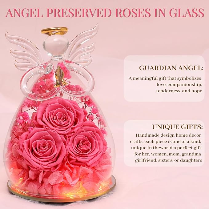Beferr Mothers Day Mom Birthday Gifts for Women, Fresh Flowers for Delivery Forever Preserved Rose in Glass Angel Figurine, Anniversary Christian Real Rose for Grandma Nana Wife Mum from Daughter Son