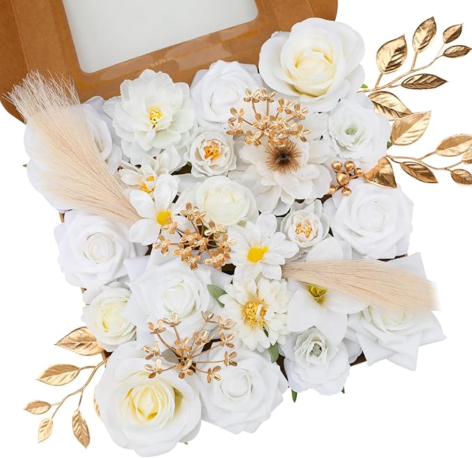 Floweroyal Artificial Flowers Combo Pure White Flowers Mix Silk Flowers Fake Roses with Stems for DIY Wedding Bridal Bouquets, Baby Shower, Floral Arrangement, Table Centerpieces, Home Decorations.