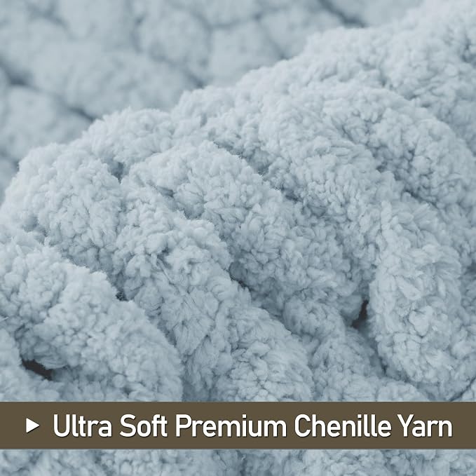 Chunky Knit Throw Blanket 50x60, 100% Handmade Chenille Yarn | 4.4lbs Soft Thick Cable Knitted Blankets, Large Rope Knot Crochet Throws for Couch Sofa Bed Machine Washable, Light Blue