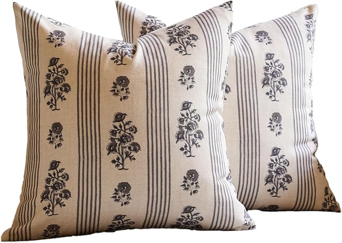 Amor Virisso Floral Throw Pillow Covers 18x18 Set of 2 Block Print Pillow Covers Neutral Floral Striped Farmhouse Decorative Pillow Covers for Sofa Couch Bed, Light Taupe