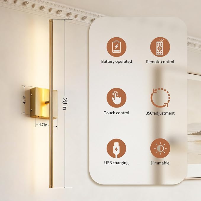 KARTOOSH 28.3 Inch Wall Sconces Battery Operated for Living Room Gold | Rechargeable Wireless Wall Lamp Set of 2, 3000K Warm White Dimmable Wall Light Remote Control Indoor Lighting for Bedroom