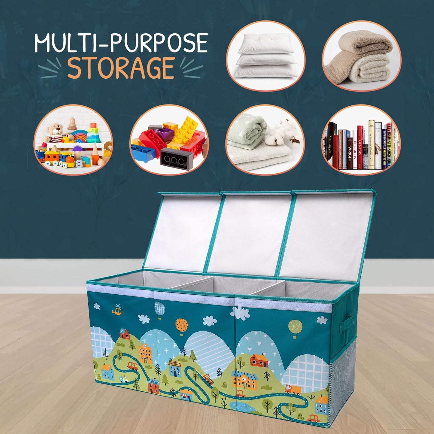 Extra Large Toy Storage Organizer with Lid - Sturdy, Collapsible Toy Chest Storage Box with Cute Design - Toys Bin with Dividers for Kids, Boys, Girls, Nursery, Bedroom, Play room 37"x16"x14"