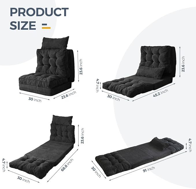 MAXYOYO Folding Sofa Bed, Tufted Bean Bag Bed with Pillows Floor Couch for Adults, Extra Thick and Long Floor Sofa, Single Couch for Bedroom Living Room, Black, 30x91 Inch