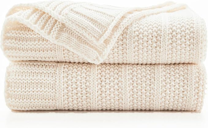 Douceur Cream Throw Blanket for Bed, Soft Cozy Lightweight Stripe Pattern Knitted Throw Blanket for Sofa, Living Room, 60"X80"