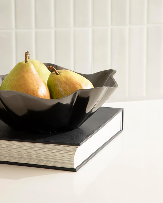 Kate and Laurel Flutte Scalloped Decorative Metal Serving Bowl; 10 x 10 x 3; Black Nickel; Modern Wavy Fruit Bowl for Kitchen Counter or Use as Tabletop Storage for an Entryway Table