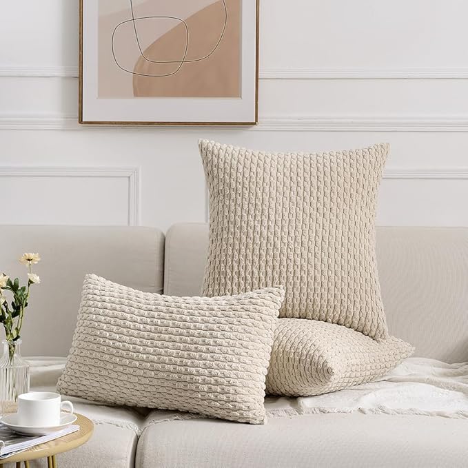 Fancy Homi 2 Packs Tan Decorative Throw Pillow Covers 20x20 Inch for Couch Bed Sofa, Modern Farmhouse Boho Home Decor, Soft Cute Plush Corduroy Beige Cushion Case 50x50 CM
