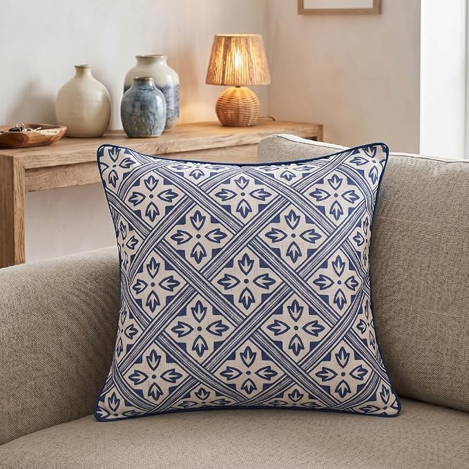 patdrea Designer Vintage Linen Throw Pillow Cover,18"x18"-Ivar C | Decorative Pillow Case,Chinoiserie Blue Floral Print Pillow Cover for Couch Living Room Bedroom Sofa