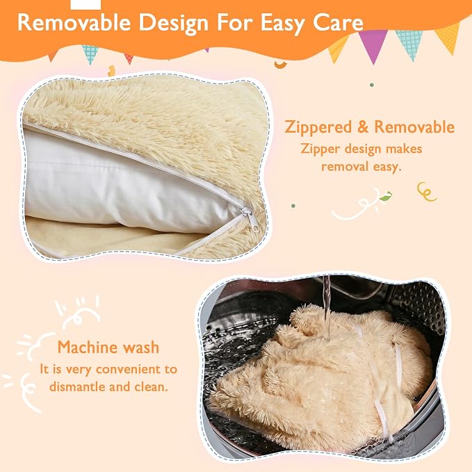 3 in 1 Kids Bean Bag Chair Bed, Kids Fluffy Stuffed Floor Pillow for Gaming and Reading, Ultra Soft Faux Fur Fabric Bean Bag Chairs to Lounger for Playroom, Living Room, Bedroom, Beige