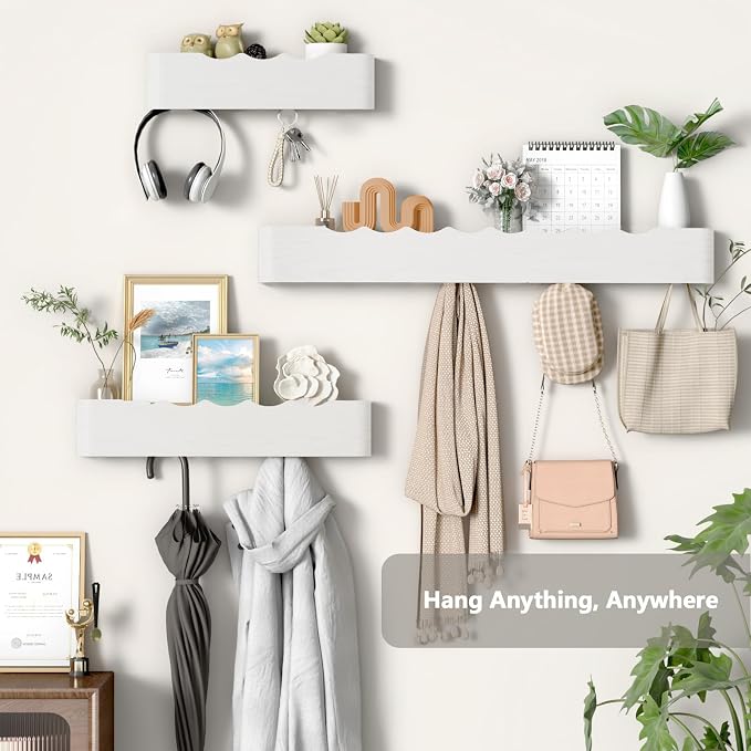 Wall Mounted Coat Rack with Shelf, Wooden Entryway Organizer with Hidden Metal Hooks for Hanging Coats Bags Keys, Modern Floating Shelf for Hallway Bathroom