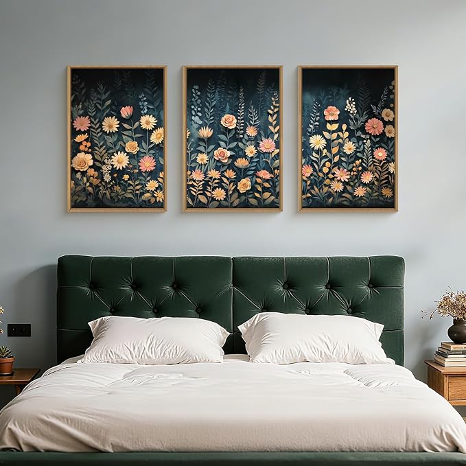 HPNIUB Vintage Dark Wildflowers Framed Wall Art Set,Modern Moody Floral Wall Decor,Botanical Colorful Vibrant Printing,Nature Spring Flower Artwork for Living Room, Bedroom,Office-16''x24''x3