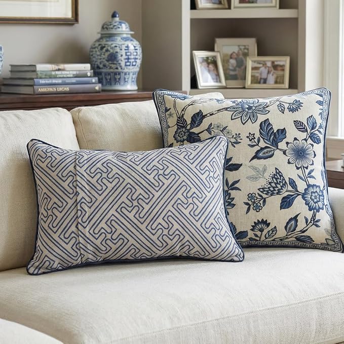 bilin gaier Designer Vintage Linen Throw Pillow Cover,20"x12"-Suqing A | Elegant Rectangular Pillow Cover,Concealed Zipper,Blue Floral Pattern,Sofas,Bedroom,Living Room,Lounge Chairs