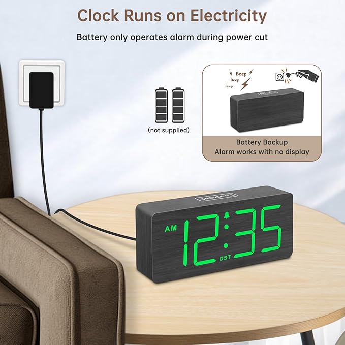 DreamSky Wooden Digital Alarm Clock for Bedroom - Desk Clock with Large Numbers for Living Room Office, Loud Alarm for Heavy Sleepers Adults, Volume Control, Dimmer, DST, Wood Decor (Plug in Clock)