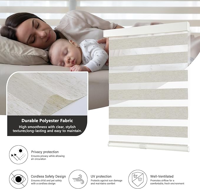 AOSKY Cordless Zebra Blinds for Windows Pull Down Roller Window Shades Dual Layer Light Filtering Privacy for Day and Night, Free-Stop Door Shades for Home Easy to Install Linen Cream 35.5" W X 72" H