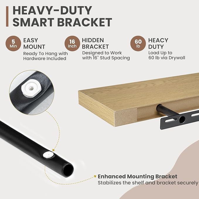 Acovy 72 Inch Floating Shelves, 8 Inch Deep Floating Shelves for Wall, Hanging Shelf with Invisible Brackets, Deep Shelves for Bathroom, Bedroom, Living Room, Oak, Set of 1