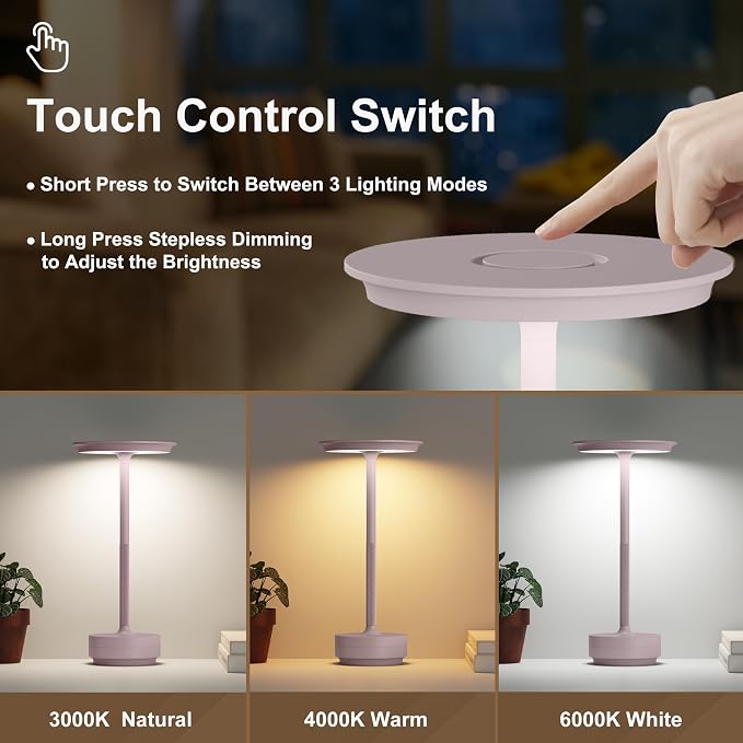 Rechargeable Cordless Table Lamps, 5000mAh Portable LED Table Light, 3 Color Stepless Dimming Battery Powered Metal Table Lamp for Outdoor Patio/Bedroom/Restaurant.(Light Pink)