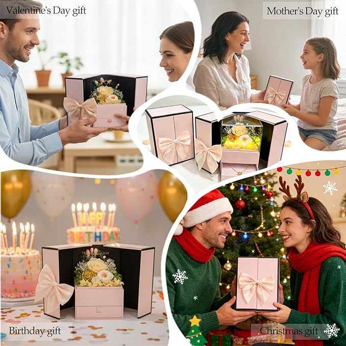 Preserved Flowers in A Gift Box with Bow - Forever Yellow Roses with Gold Heart Necklace for Her - Valentines Day Mother's Day Birthday Anniversary for Women Wife Mom Grandma (Yellow)