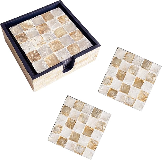 6 Pack Mother of Pearl Squre Coasters with Holder, Seashell Inlay Square Cup Holders with Organizer, Decorative Coasters Capiz Shell Trivet for Coffee Table, 5", I-lan (Mosaic)