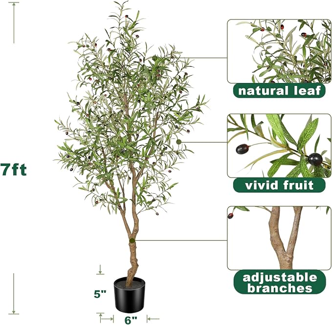 FEELEAD 7ft Faux Olive Tree - Fake Potted Olive Silk Tree with Planter Natural Olive Branches and Realistic Leaves Artificial Tree for Home House Office Decor Indoor