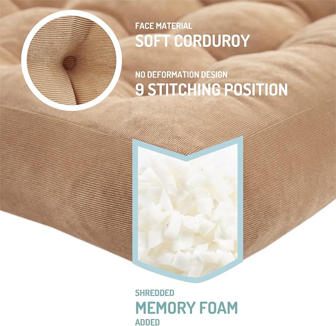 Degrees of Comfort Floor Cushion 6 Pack for Meditation, Home Office & Studio – Corduroy Soft Seating Set, 22 Inch, High-Density Foam, Square Shape, Coffee