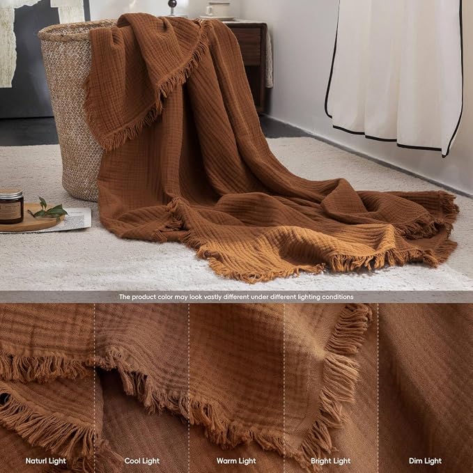 FOSSA Muslin Blanket 4-Layer 100% Cotton Gauze Blanket with Fringe 108"x98" | Super Soft Breathable Lightweight All Season & Decorative Blanket or Bed, Sofa, Office (Dark Orange,Super King)