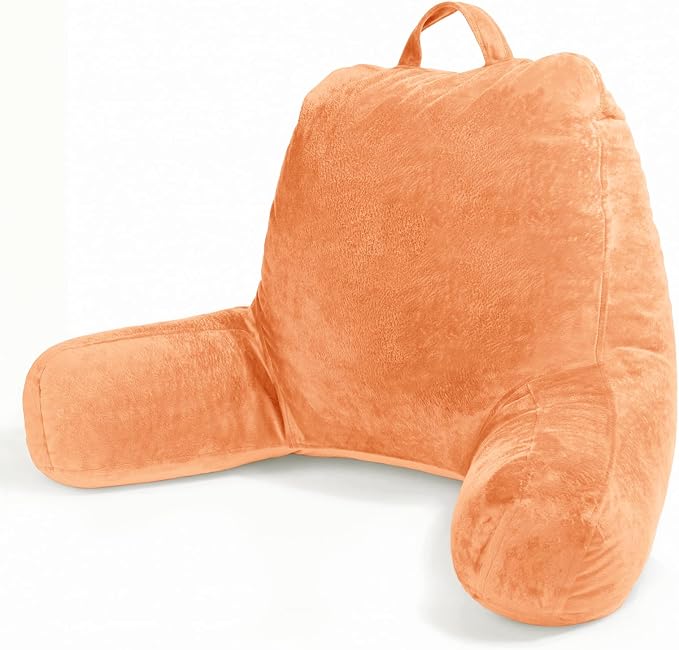 Sasttie Reading Pillow, Velvet Back Pillow for Bed Sitting Up, Adult Back-Rest Support Cushion with Arms for Sit Up on Couch, Sofa, and Floor, Dorm Essentials, Reading Accessories, Orange