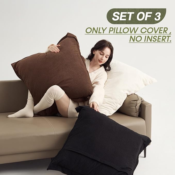COCO TOP Corduroy Large Pillow Covers 28x28inch Set of 3, Decorative Super Soft-Touch Boho Vintage Cushion Cases for Couch, Sofa, Living Room, Bedroom, Office, Home Decor (Dark Brown, Black & White)