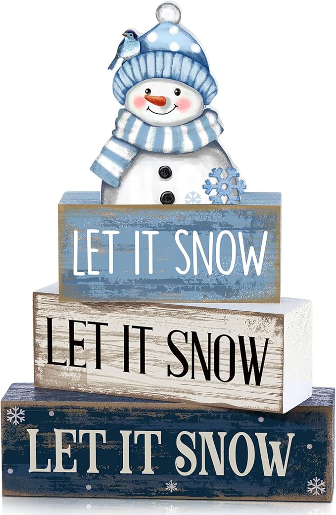 Lineshading 4 Pcs Winter Table Decoration Blue and White Snowman Decor Winter Tiered Tray Decor Christmas Centerpiece Decorative Wooden Snowman Block Sign Gift Christmas Decoration for Home Kitchen