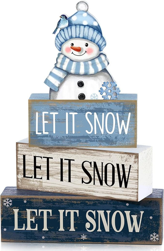 Lineshading 4 Pcs Winter Table Decoration Blue and White Snowman Decor Winter Tiered Tray Decor Christmas Centerpiece Decorative Wooden Snowman Block Sign Gift Christmas Decoration for Home Kitchen