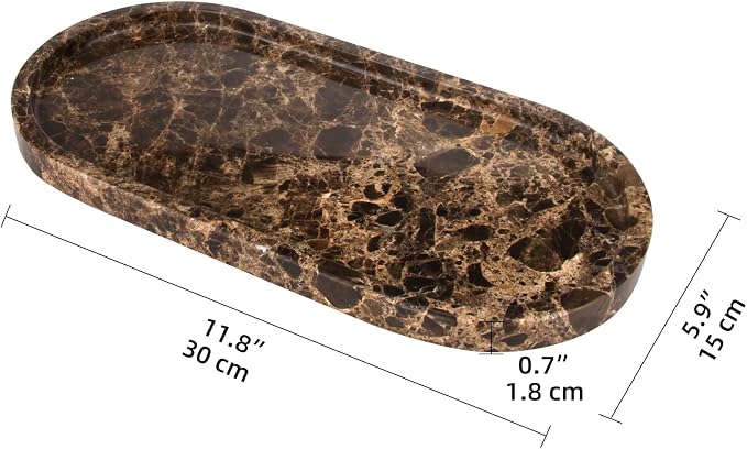 Oval Marble Bathroom Vanity Tray, Natural Luxury Marble Home Kitchen Bathroom Table Tray, Stone Decorative Countertop Tray for Coffee Perfume Jewelry (Dark Brown, 12" x 6" x 0.8")