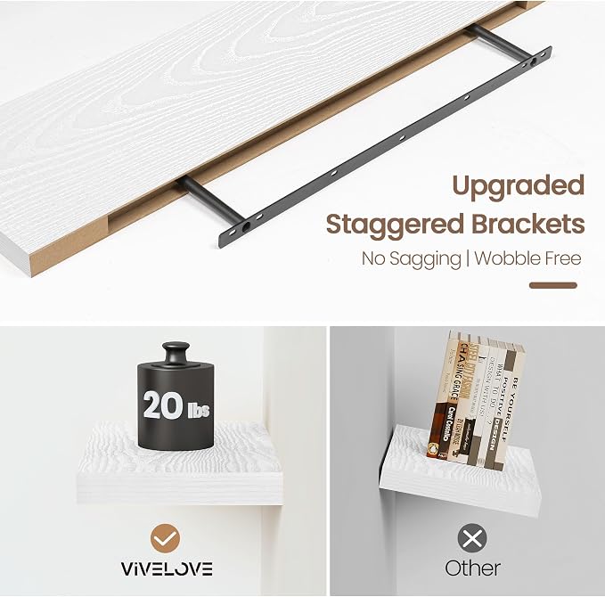 Vivelove White Floating Shelves for wall, 24 Inch Wall Display Shelves with Invisible Brackets, for Bathroom Living Room Kitchen Bedroom Office Farmhouse Home Decor, 24X9.3X1.5 - Set of 2, White