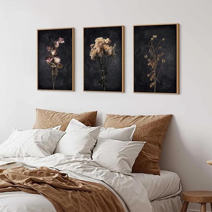 SIKERIC Dark Moody Dried Floral Wall Art, Framed Canvas Print Set of 3, Minimalist Botanical Wildflower Wall Art Decor, Black Modern Farmhouse Wall Art Painting for Living Room, Bedroom, Office-16x24