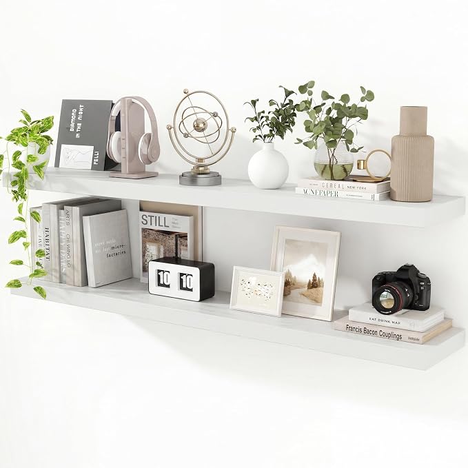 55 inch Floating Shelves for Wall, 9.3in Deep White Shelves Wall Mounted Floating Shelf, Extra Long Wall Shelf for Living Room, Kitchen, Office, Floating TV Stand, 2 Packs