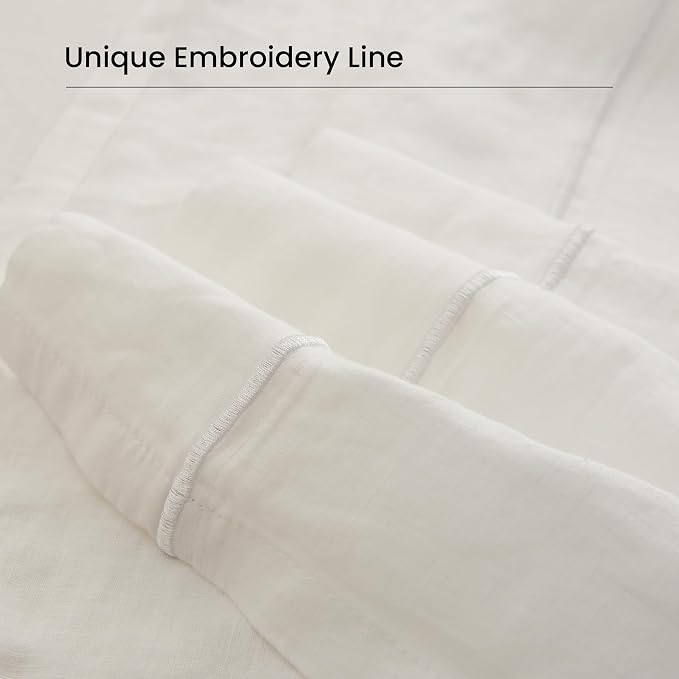100% French Linen Pillowcases with Embroidery - Pack of 2 - Washed Solid Color Natural Flax Soft Breathable - White, 20'' x 30''