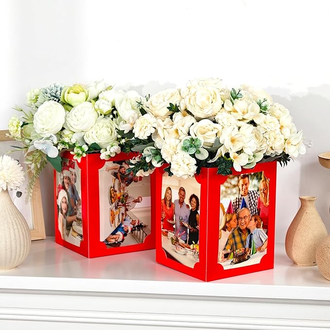 12 Pcs Picture Centerpieces for Table - 6 Inch Photo Display Frame & Hollow Picture Props Box for Christmas, Wedding, Birthday Party Table Decoration (Red)