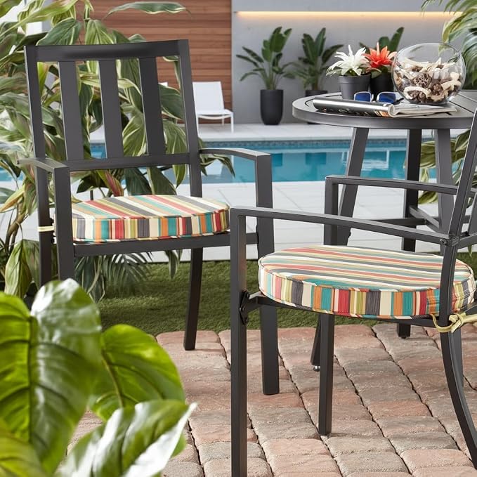 Set of 2 Outdoor 18 inch Round Patio Dining Chair Pads – Comfortable Fiber-Filled Seat Cushions with Ties, Reversible Polyester Fabric, Sunset Stripe