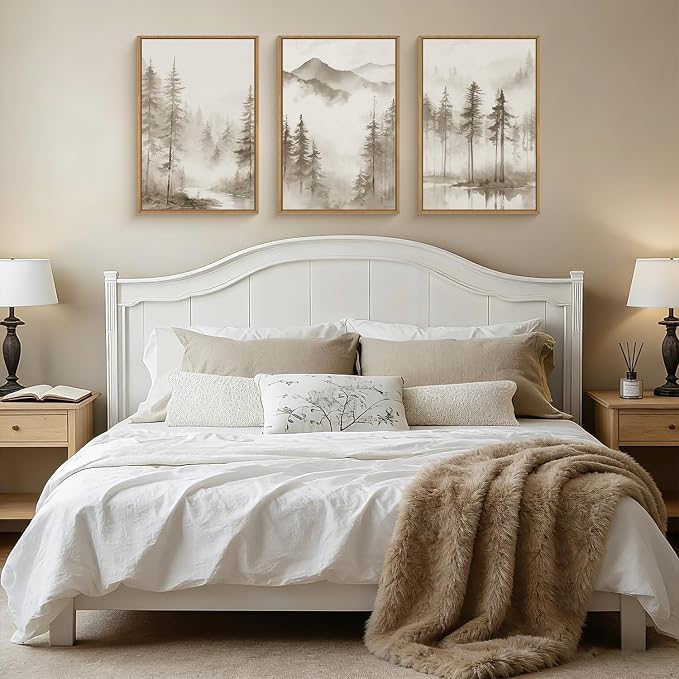 HPNIUB Foggy Mountain Forest Framed Wall Art Set, Abstract Misty Woodland Wall Decor,Neutral Pine Tree Farmhouse Art Print,Modern Nature Landscape Artwork for Living Room, Bedroom,Office-24 x36 x3