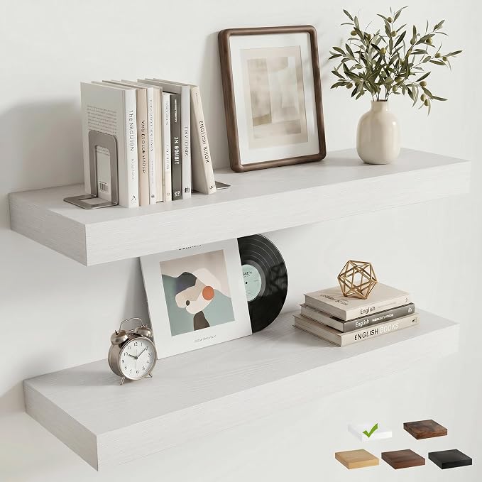 24 Inch Floating Shelves for Wall, 8"D Wood Storage Shelves, White Finish | Engineered Wood, Invisible Bracket, Large Storage, Easy Install, Hold Up to 44lbs, Living Room, Bathroom, Bedroom, Kitchen