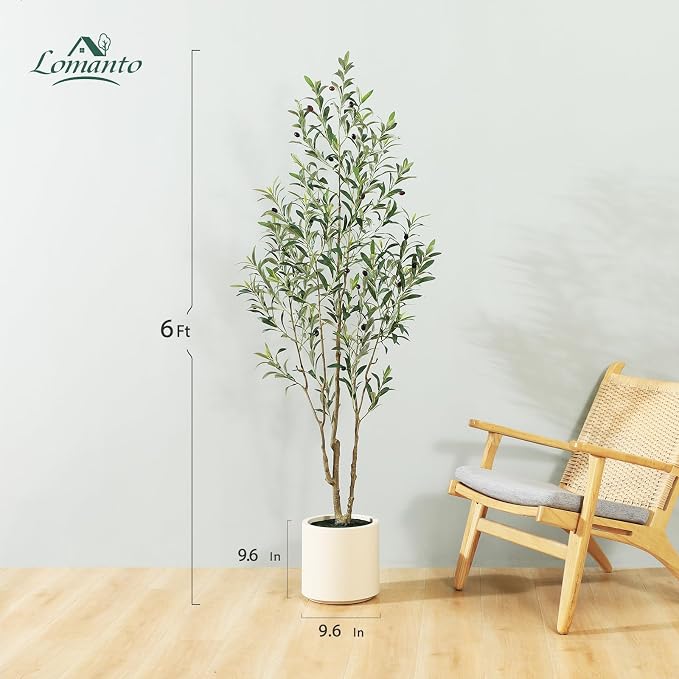 LOMANTO Artificial Olive Trees, 6 ft Tall Fake Olive Trees for Indoor | Faux Olive Silk Tree with White Planter,Large Olive Plants for Home Decor and Housewarming Gift, 1 Pack