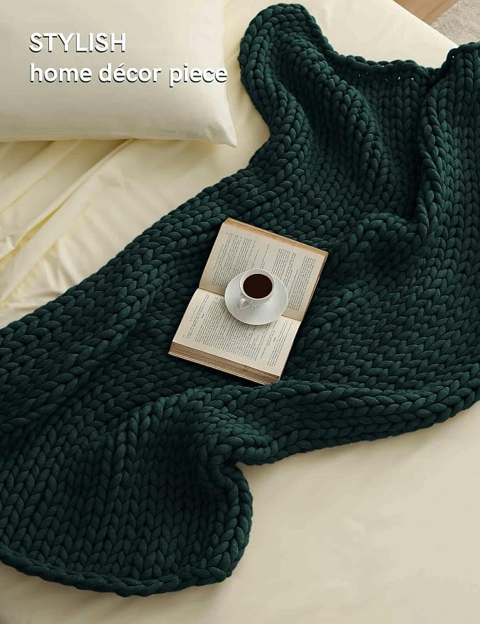 YnM Chunky Throw Blanket, Medium-Weight, Hand Knitted, Skin Friendly, Ventilated and Breathable, Machine Washable, Home Décor Piece for Couch, Sofa and Bed (Pacific Green, 40x50 Inch)