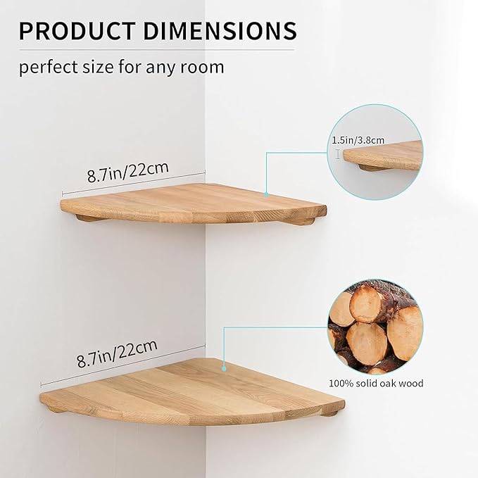 Corner Shelves, Floating Corner Shelf, Set of 2 Solid Oak Wood Wall Shelves, Round End Wall Mount with Wire Hole Shelving for Small Plant for Bedroom Kitchen, Living Room 8.7“