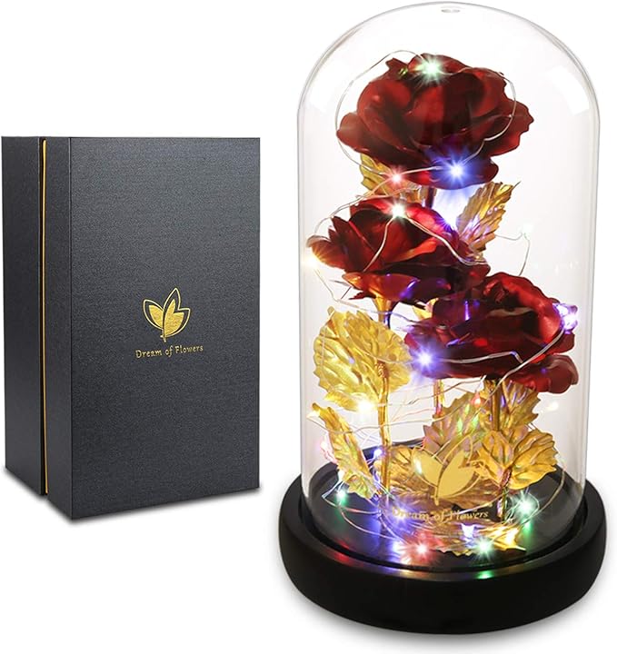 Valentines Day Gifts for Her,Beauty and The Beast Rose Birthday Gift,Galaxy Flower Rose with 2 Light Modes,Colorful Crystal Flower Enchanted Rose in Glass Dome,Womens Gifts for Mom Wife Girlfriend