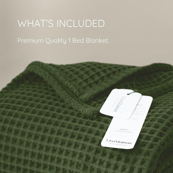 Premium Waffle Throw Blanket Queen XL Size Green - Luxury, Pure 100% Turkish Cotton, Light & Airy Waffle All-Season Quilt - Decorative Bedspread (Dark Green, Queen XL 95" x 102" Inch)