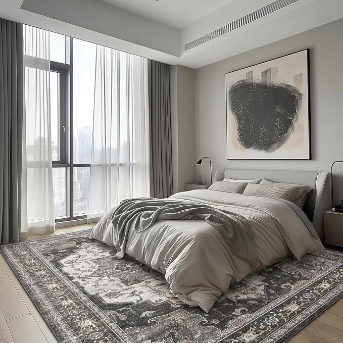 BEIMO Area Rugs 8x10 for Living Room Bedroom, Modern Vintage Machine Washable Large Rug Soft Rug, Low Pile Floor Carpet with Non Slip Backing for Dining Room,Dark Grey