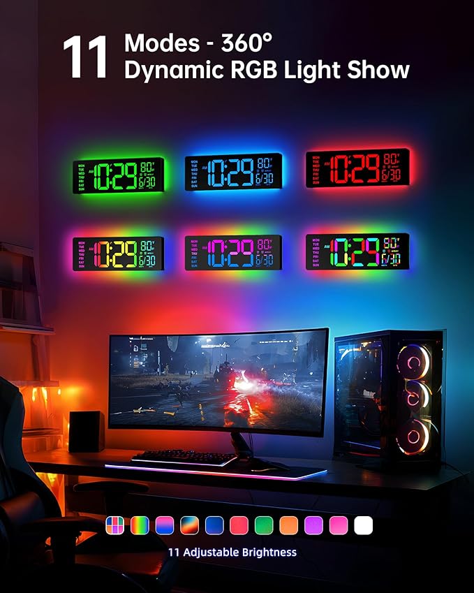 EASYERA 12" Digital Wall Clock for Classroom Livingroom Game Home Decor with LED Display RGB Lights, BIuetooth Sync, Dual Alarms, Auto DST, Countdown, Remote Control, Temperature