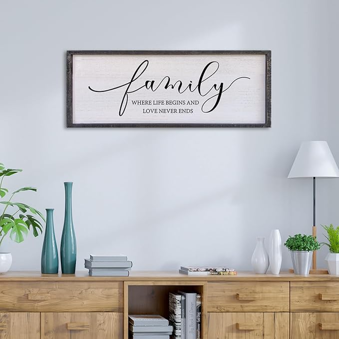 Surfapans Family Where Life Begins Love Never Ends Wall Decor 32"x12" Living Room Hallway Entryway Vintage Large Farmhouse Inspirational Quotes Motto Sign Wood Framed Hanging Home Wall Art (Black)