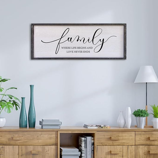 Surfapans Family Where Life Begins Love Never Ends Wall Decor 32"x12" Living Room Hallway Entryway Vintage Large Farmhouse Inspirational Quotes Motto Sign Wood Framed Hanging Home Wall Art (Black)
