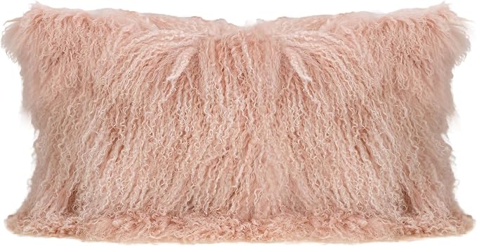 MOOX Mongolian Lamb Fur Pillow Covers Lumbar Throw Sheepskin Pillow Case Genuine Wool Fur Tibetan Accent Living Room Bedroom Decorative Cushion Cover (12 * 20inch Pink)