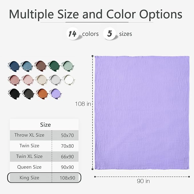 Carriediosa 100% Cotton Muslin Throw Blanket 108" X 90" King Size，4-Layers Summer Gauze Throws for Bed Couch，Soft Lightweight Breathable Linen Blankets Bedspread for Adults All Season，Light Purple